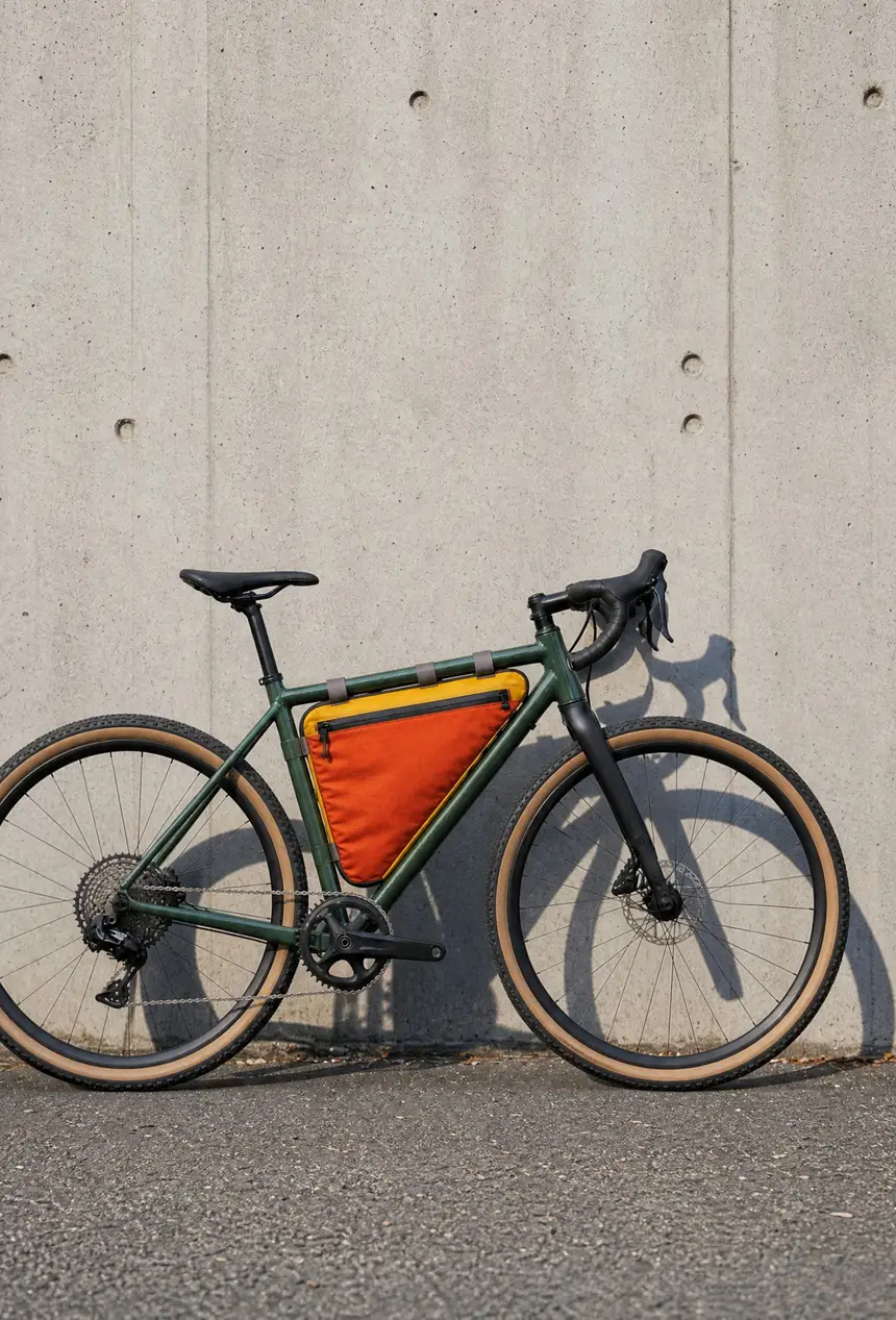 Green gravel bike leaning on a concrete wall, with an orange and yellow custom frame bag filling its main triangle